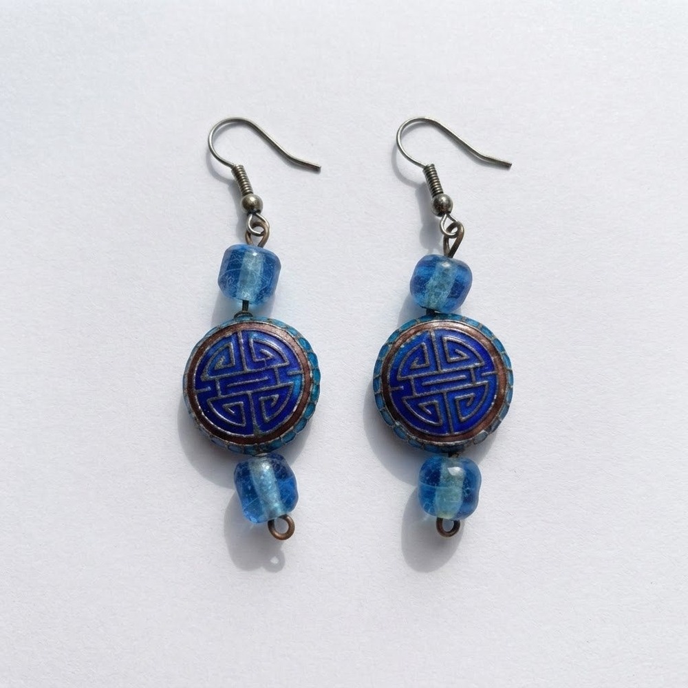 Vintage Blue Cloisonne Shou Symbol Enamel Drop Earrings Glass Bead Dangle Boho